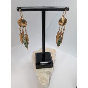 Boho Gold Tone Feather Dangle Earrings Turquoise Green Red Beaded Fishhook Drop